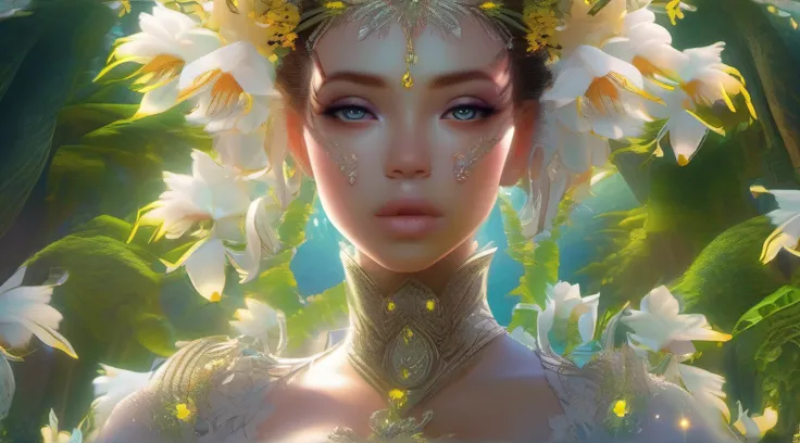 Uma mulher no meio da floresta, vestida com flores, beleza divina, eyes with yellow irises, deusa da selva, dense vegetation, fractal, magia, encantamento, fiction art, detalhes intrincados, 8k