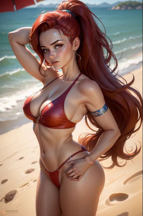 Un primer plano de una mujer en bikini con el pelo rojo, de grandes caderas, con grandes senos, grandes pechos, commission for high resolution, [ Arte digital 4K ]!!, Alexandra Fomina Artstation, collection, Lola Bunny Fanart, artgerm extremadamente detall...