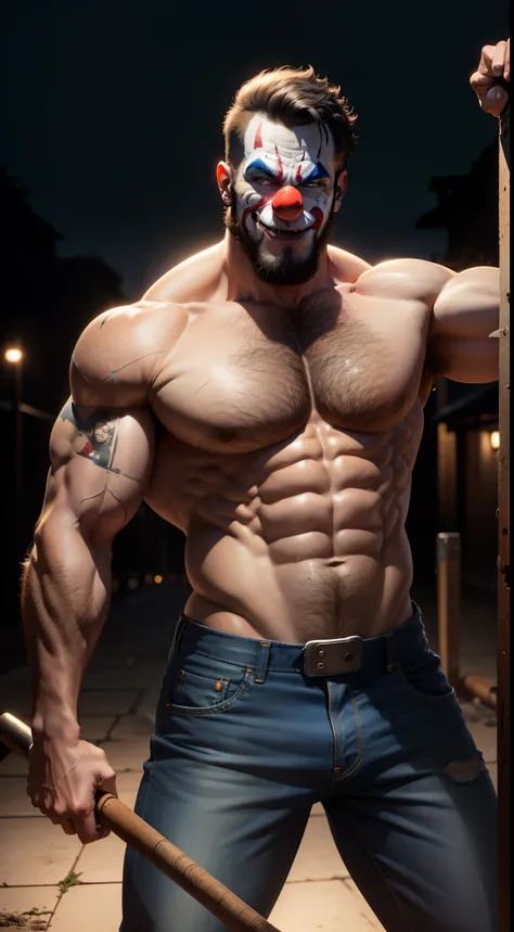 retrato, homem alto e musculoso, clown mask, sorriso assustador, Denim Jeans Pants, sem camisa, one-handed sledgehammer, Night scenery, horror, cena de terror