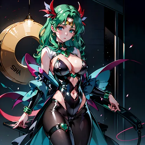 ((Beautiful girl wearing thin body stockings all over her body。Sailor Neptune Fallen to Evil。Female Solo :1.1))。((Do not show skin:1.2))。（a closeup）babydoll。Black Latex Long Gloves and Boots。Aqua-colored hair。Wavy medium hair。Ecstasy expression。Tattoo in t...