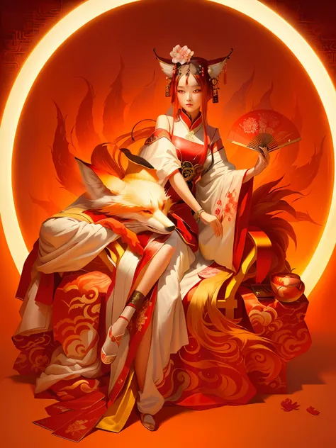 There is a painting，A woman sitting on a chair with a fan, Nine-tailed demon fox，an ancient Chinese goddess, Mono Color, Low saturation，Color dangle