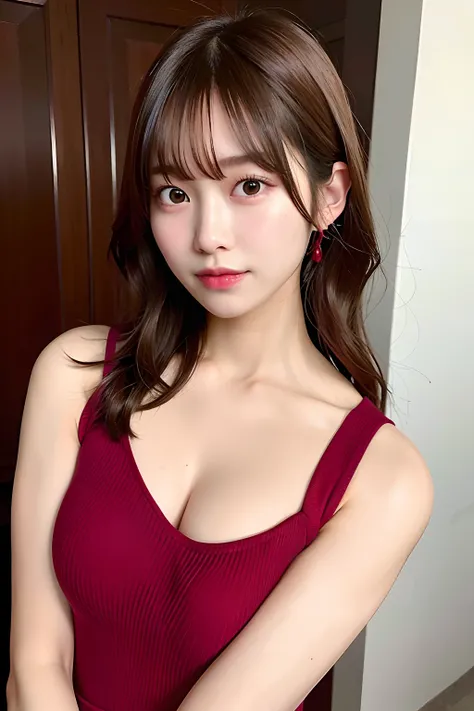 Ace, 4k, High Resolution, Masterpiece, Best Quality, Head: 1.3, (Korean K-pop Idol), Delicate Skin, Sharp Focus, (Cinema Lighting), Clavicle, Morning, Soft Light, Dynamic Angle, [:(detailed face:1.2):0.2], armpit wrinkles, thigh gap, red dress, slim, mid-c...