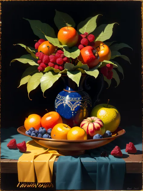 painting of a still life of fruit on a table with a leaf, still life painting, (a bowl of fruits)!!!!!!!!!, pain in oil, painting in oil!!!, fruits, by Perin del Vaga, style of oil painting, oil art, painted in oil colors, intricate oil painting, oil paint...