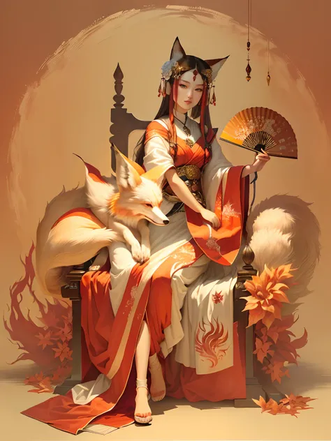 There is a painting，A woman sitting on a chair with a fan, Nine-tailed demon fox，ancient goddess, Mono Color, Low saturation，Light color，Color dangle