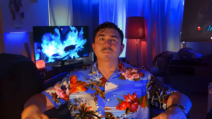 arafed man sitting in a chair in front of a tv, twitch streamer / gamer ludwig, waring a hawaiian shirt, youtube video screenshot, with hawaiian shirt, reddit post, greg rutkowski uhd 8k, chilling 4 k, 4 k post, 4k post, stocky, bottom angle, youtube thumb...