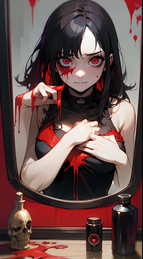 ((horror theme)),A dark-haired girl with a bleeding red bulging eye was looking in the mirror