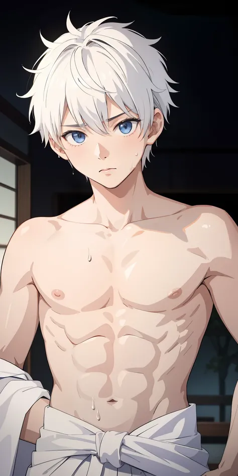 1boy, glowing, sidelighting, wallpaper,masterpiece, best quality, high quality,10yo,  male focus, full body, looking at viewer, white hair,spiky hairstyle, short hair, steam smork, japan style, anime coloring, shy, home muji style, detailed face, topless, ...