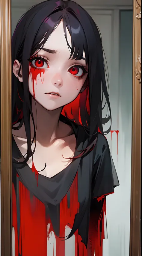 ((horror theme)),A dark-haired girl with a bleeding red bulging eye was looking in the mirror