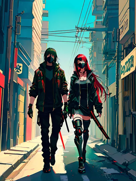 2 in a black outfit holding a sword and a green mask, 3 d render arte do caractere 8 k, samurai cyberpunk muito bonito, assassino cyberpunk, badass anime 8 k, garota anime cyberpunk, Digital Cyberpunk - Arte de Anime, arte digital do anime cyberpunk, devia...