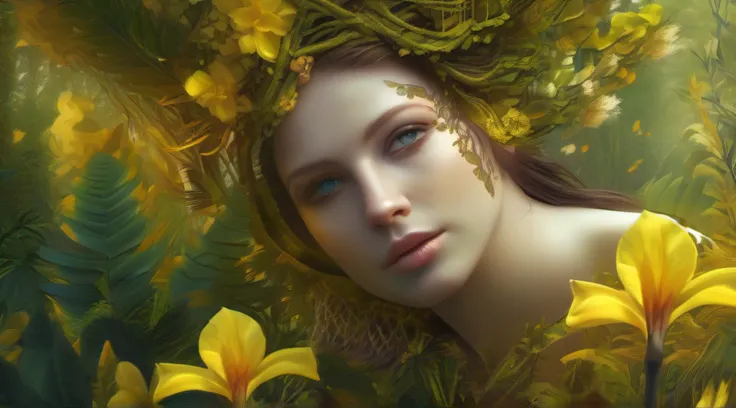 Uma mulher no meio da floresta, vestida com flores, beleza divina, eyes with yellow irises, deusa da selva, dense vegetation, fractal, magia, encantamento, fiction art, detalhes intrincados, 8k