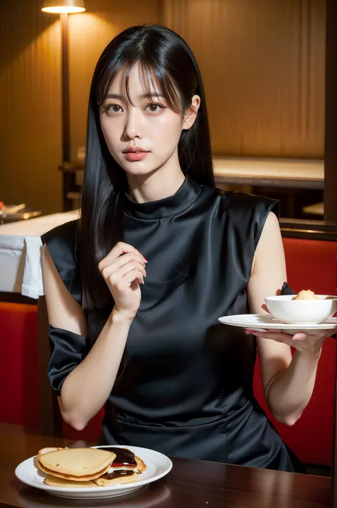 Woman in black dress with pancake and berry plate in restaurant, Japanese Models, 奈良美智, gorgeous chinese model, Beautiful young Korean woman, beautiful Korean women, Gorgeous young Korean woman, taken with canon eos 5 d mark iv, sui ishida with black hair,...