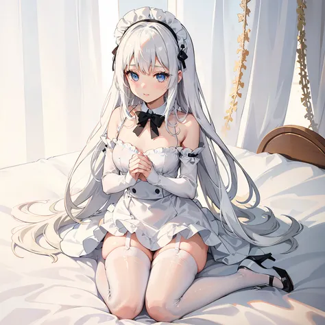 Delicate and cute face, white stockings, loli kneeling, thicker thighs, maid outfit, white hair, in bed, 8k, details sun exposure, snow-white skin, best quality,