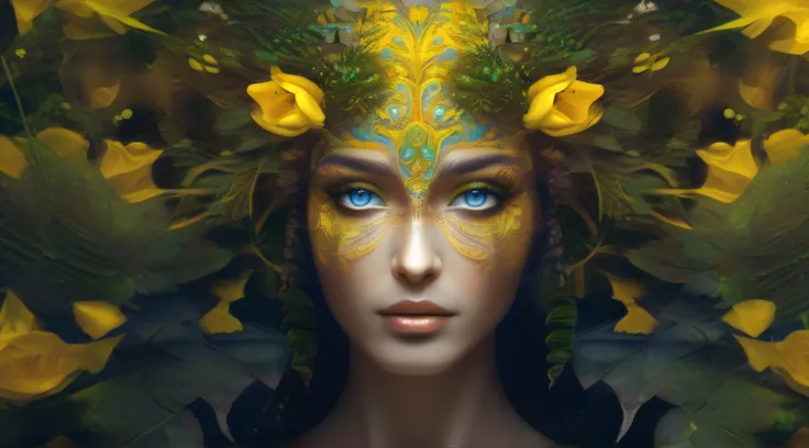 Uma mulher no meio da floresta, vestida com flores, beleza divina, eyes with yellow irises, deusa da selva, dense vegetation, fractal, magia, encantamento, fiction art, detalhes intrincados, 8k