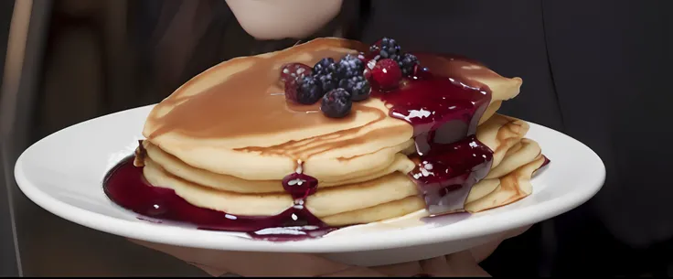 Arafe pancakes with berries and syrup on a white dish, super realistic food picture, pancake, Emo girl eating pancakes, food commercial 4 k, 4k polymer clay food photography, syrup, imagem hiperrealista, high quality photorealism, hyper realistic rendering...