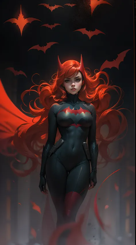 Batwoman,(masterpiece, best quality:1.1), ghibli style, red and blak colors, round face, big eyes, blurry lighting, flow hair, blurry_foreground, Rosie cheeks