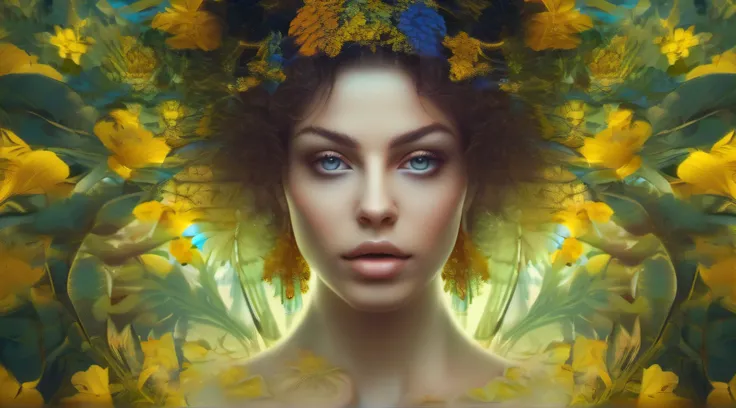 Uma mulher no meio da floresta, vestida com flores, beleza divina, eyes with yellow irises, deusa da selva, dense vegetation, fractal, magia, encantamento, fiction art, cores quentes, detalhes intrincados, 8k