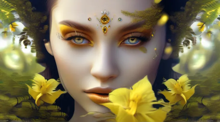 Uma mulher no meio da floresta, vestida com flores, beleza divina, eyes with yellow irises, deusa da selva, dense vegetation, fractal, magia, encantamento, fiction art, cores quentes, detalhes intrincados, 8k