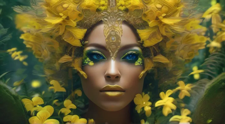 Uma mulher no meio da floresta, vestida com flores, beleza divina, eyes with yellow irises, deusa da selva, dense vegetation, fractal, magia, encantamento, fiction art, cores quentes, detalhes intrincados, 8k