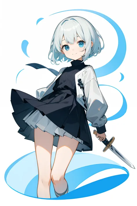 (Top quality illustrations:1.2)、(Cute little girl s:1.0)、(女の子1人、独奏:1.0)、(short white hair:1.0)、(Cool clothes:1.0)、Cute clothes、(The upper part of the body:1.0)、(ultra-detailliert) 、hight resolution、4K:1.0)、A slight smil、Black jumper、short sword、two swords、...