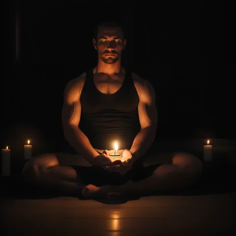 man in meditation holding a candle, lighting up a dark room yoga pose