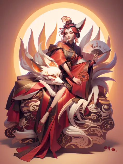 There is a painting，A woman sitting on a chair with a fan,Nine-tailed demon fox， an ancient Chinese goddess, Mono Color、Light shades