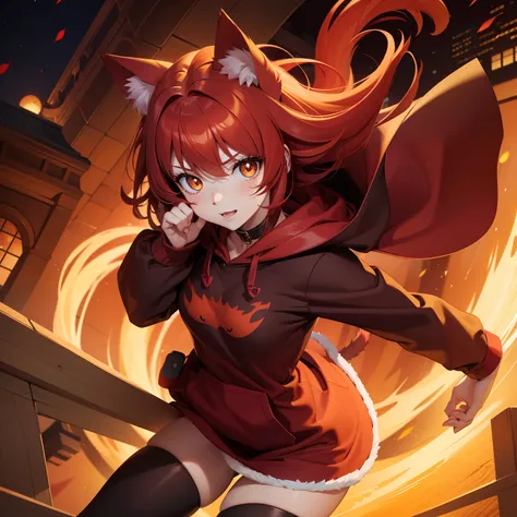 A cat girl with a petite frame. Red hair, red cat tail. Golden eyes. In the style of anime cartoon. She is wearing a hood and is looking a little vulnerable