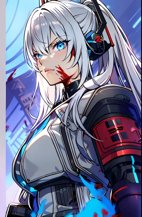 anime girl with white hair and blue eyes holding a sword, cyborg - girl with silver hair, best anime 4k konachan wallpaper, kantai collection style, cyberpunk anime girl mech, from the azur lane videogame, angry female cyborg, broken beautiful female andro...