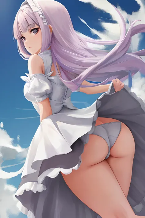 melhor qualidade, highres, ultra-detalhado, solo_focus, Emilia, from_behind, with your skirt/dress slightly lifted up showing your ass and panties