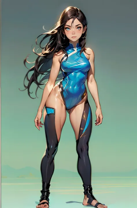 (A woman: 1.2), Fitness, Beautiful eyes,Stand, Long hair, Tight combat suit, Tights, ( (Bare legs, Bare feet: 1.3)) full bodyesbian, The legend of Avatar and Kora,Close-up, A tube is attached to the back, Legs apart, Naked, ( (Small breasts) Petite, Expose...