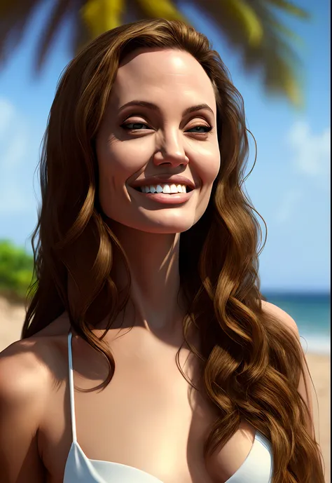 a photo realistic of Angelina Jolie smiling, front view, bikini, beach, summer lighting, masterpiece, 16k resolution, insane details