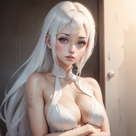 1female，Glowing, side-lighting, the wallpaper,Masterpiece, Best quality, High quality whole body,, White hair,Pointy hairstyle,, anime coloring, Shy, Home MUJI style, Detailed face, Topless,,White silk, En plein air, Sweat