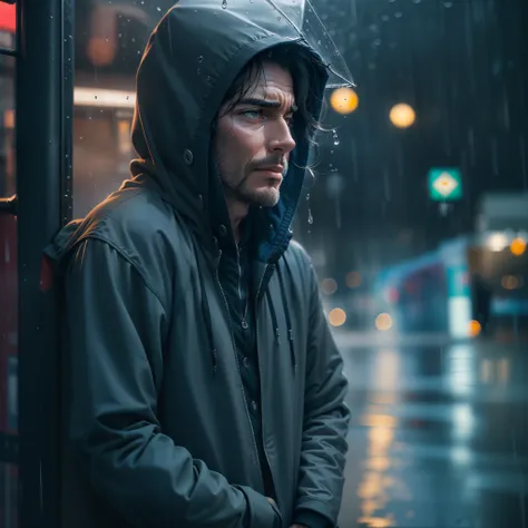 a man wearing a hoodie, melancholic rain, winter, a man waiting for a bus at a rain-drenched bus stop.