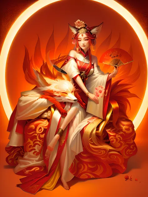 There is a painting，A woman sitting on a chair with a fan, Nine-tailed demon fox,,an ancient Chinese goddess, Mono Color, Low saturation，Light shades