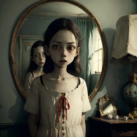 girl in fright.it is not reflected in the mirror...