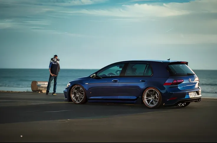 The Alafard Blue Volkswagen Golf is parked on the pier，In the background stands a man, epic stance, shot at golden hour, Wide body, vehicle photography, wrx golf, perfectly poised, blue colors, tuning, automotive photography, taken at golden hour, automoti...