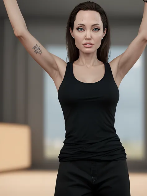 a photo realistic of Angelina Jolie raising arm, front view, tank top, soft side lighting, masterpiece, 16k resolution, insane details