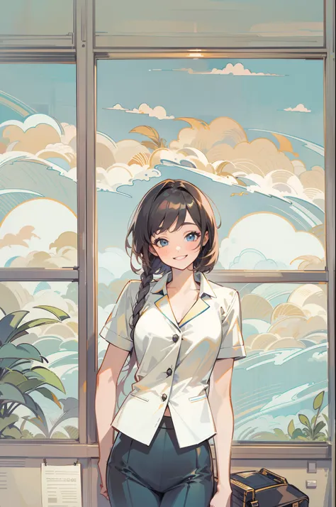 perfect smile, shiny sky, summer cloud, 30 years old woman, formal outfit, office, simple illustration