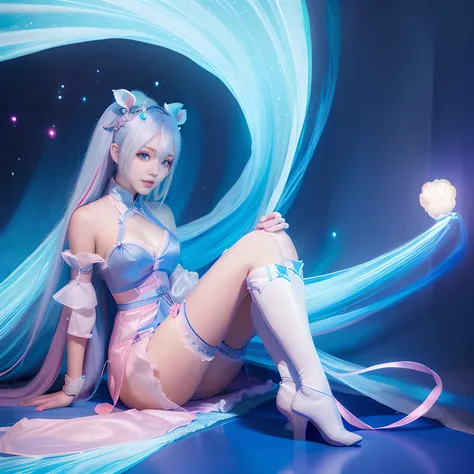 Beautiful woman in translucent costume，Peerless looks，Anime goddess，shift dresses，Jade foot，Long pink and blue hair，blue color eyes，Mage Mianyun short robe，Open skirt bottom，Cord，Tie-up to the bed with a rope，blackstockings