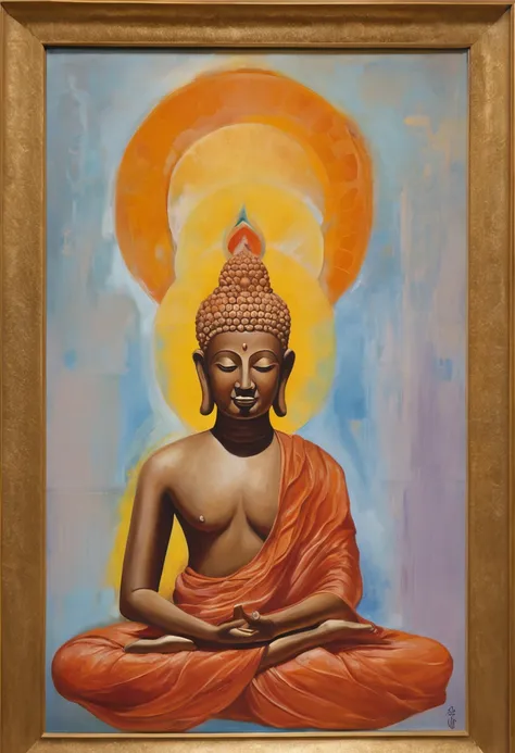 1 Buddha statue, Lotus, serene, Peaceful, Enlightened, Meditating, orange robe, bald-headed, Closed eyes, Halo, Floating, Spiritual, Aura, Golden light, Gentle smile, Crossed legs, divino, Divine, Tranquility, inner peace, enlightening, nirvana, Holy, sacr...