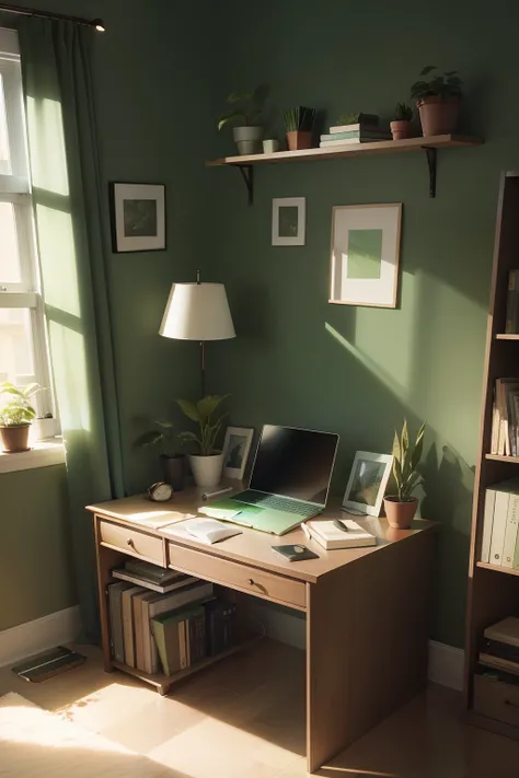 A serene study space with a desk, a lamp, organized stationery, a laptop, and a few textbooks. A plant on the side adds a touch of green.