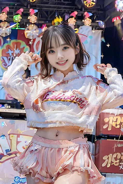 「NSFW」4ｋ、high-detail、japanaese girl、Healthy skin、modeled、Beautiful leg mini skirt、kawaii faces、Popular Japan idols with a smile、Big eye false eyelashes、(((Dancing and singing on stage)))、Lit up、Glittering costumes、jumpping、Korean adult idols、KARA like