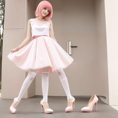 Girly pink hair，Tall and tall，white stockings，pink high heels