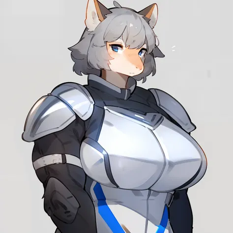 By bebebebebe, by spuydjeks, by buta99, by spikedmauler, solo, standing, female, ((hair, snout)), (((muscular))), steel chest piece, metal shoulder pads, ((silver spacesuit under armor)), (((silver))), big breasts, silver knight armor