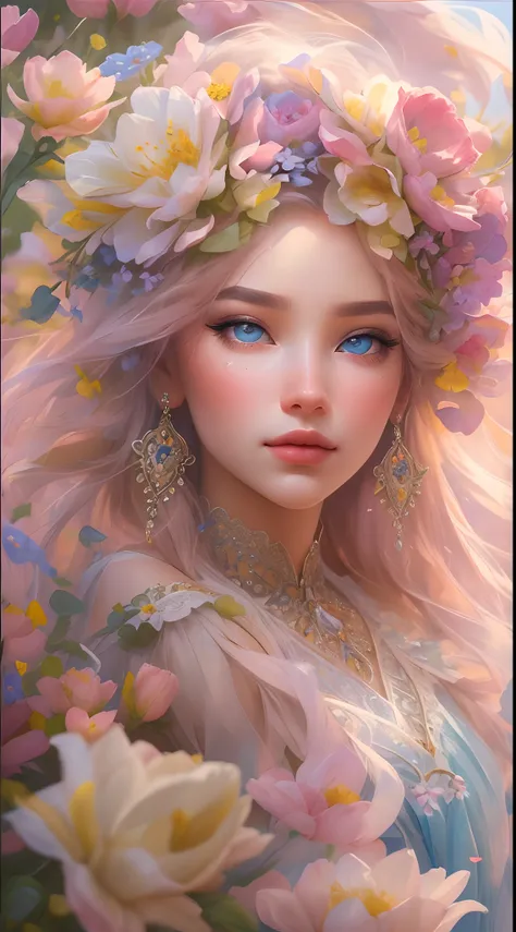 The colors in this image are soft and draw inspiration from gentle watercolors and should be primarily pink. Generate a delicate and tranquil flower princess with soft hair dancing in the wind and intricately braided. Her sweet face has puffy, kissable lip...