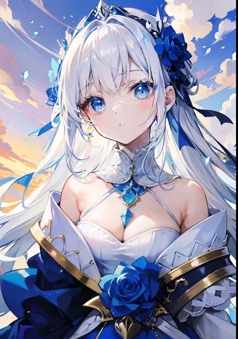 White hair with blue matching，It is a dress that matches white with blue and gold，It is a fairy in the sky