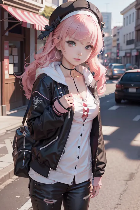 chica anime con cabello rosa y una chaqueta negra y una falda rosa, obras de arte al estilo de guweiz, render fotorrealista de a...