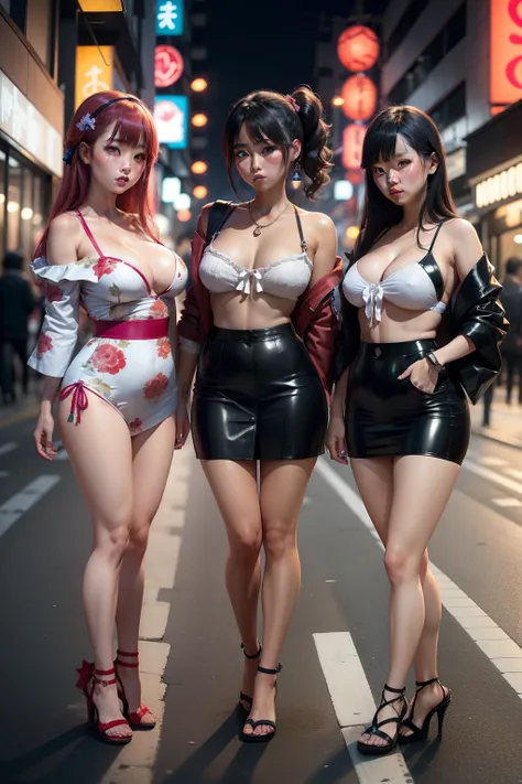 tres prostitutas japonesas peitudas com roupas que mostram os peitos na rua a noite