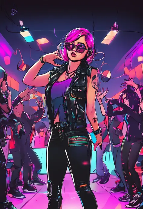 1 girl, (Chinese:1.2), DJ, (20yr old), music, turntable, Earphone, (Colorful hair:0.8), Energetic, self-assured, Party atmosphere, Nightclub, Dance Floor, (Neon lights:1.3), techno music, High energy, (Radiant makeup:0.9), fashionable attire, (Crop top:0.7...