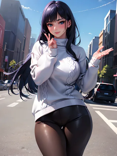 (masterpiece, best quality:1.4), (modern days), (cowboy shot), 1girl, solo, pov, sfw, stunning girlfriend, (standing:1.1), dynamic pose, (white oversized sweater, knit sweater:1.4), （Tight Yoga Pants，dark grey yoga pants：1.4），（Navy blue short jacket，jean j...