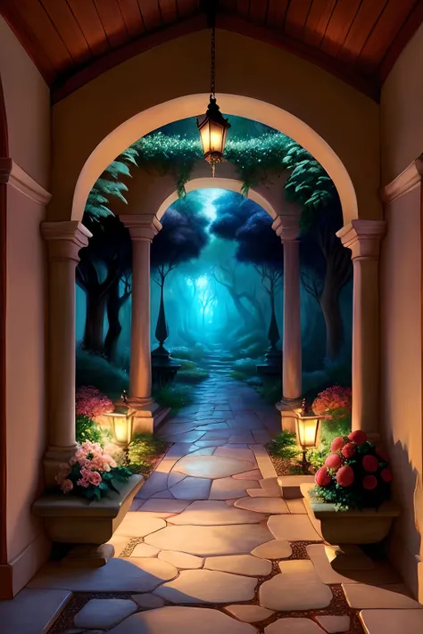 a closeup of a catwalk with a lamp and flowers, magical atmosphere, pintura de fantasia realista, whimsical fantasy landscape art, fantasy gorgeous lighting, paisagem do corredor, enchanted magical fantasy forest, dream scenery art, inspirado em Evgeny Lus...